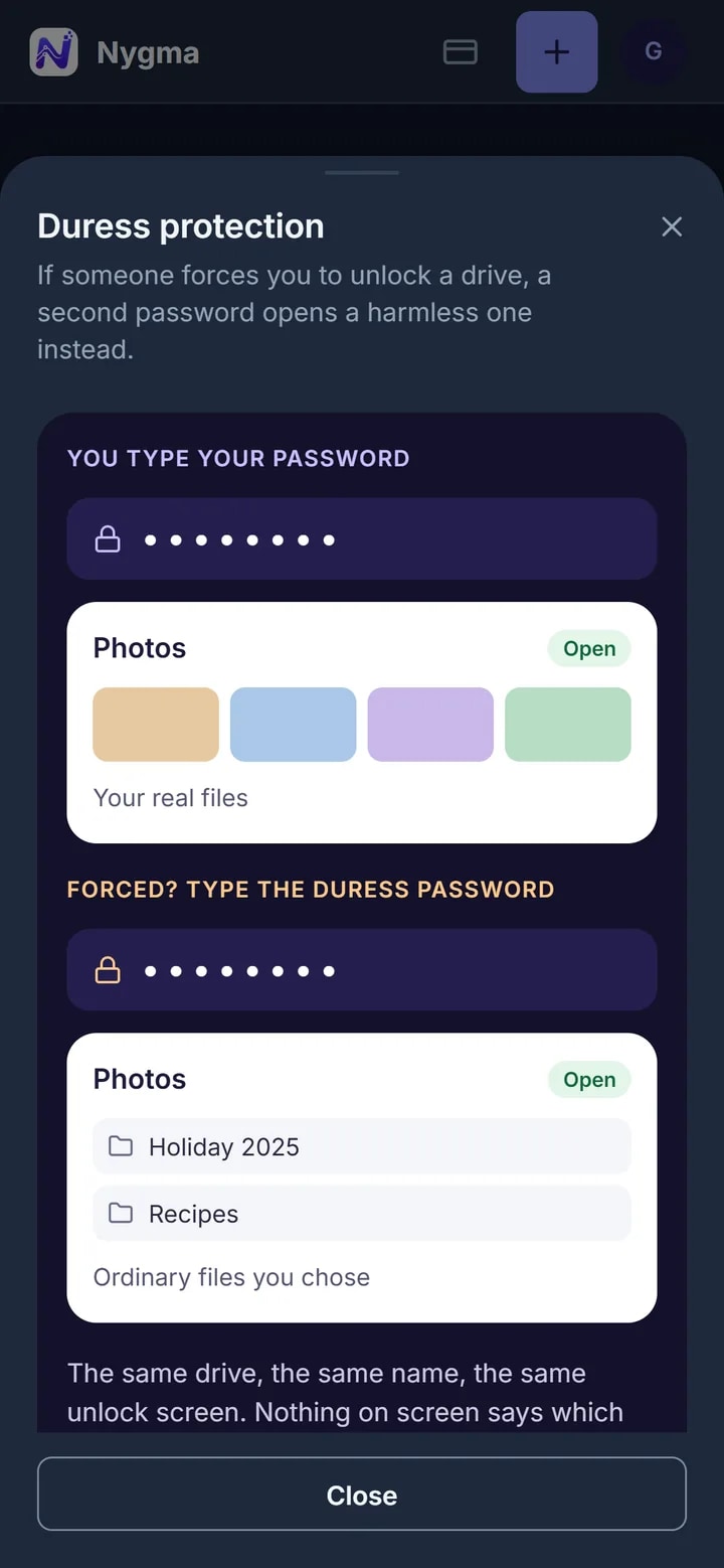 The explanation of duress protection inside the Nygma web app