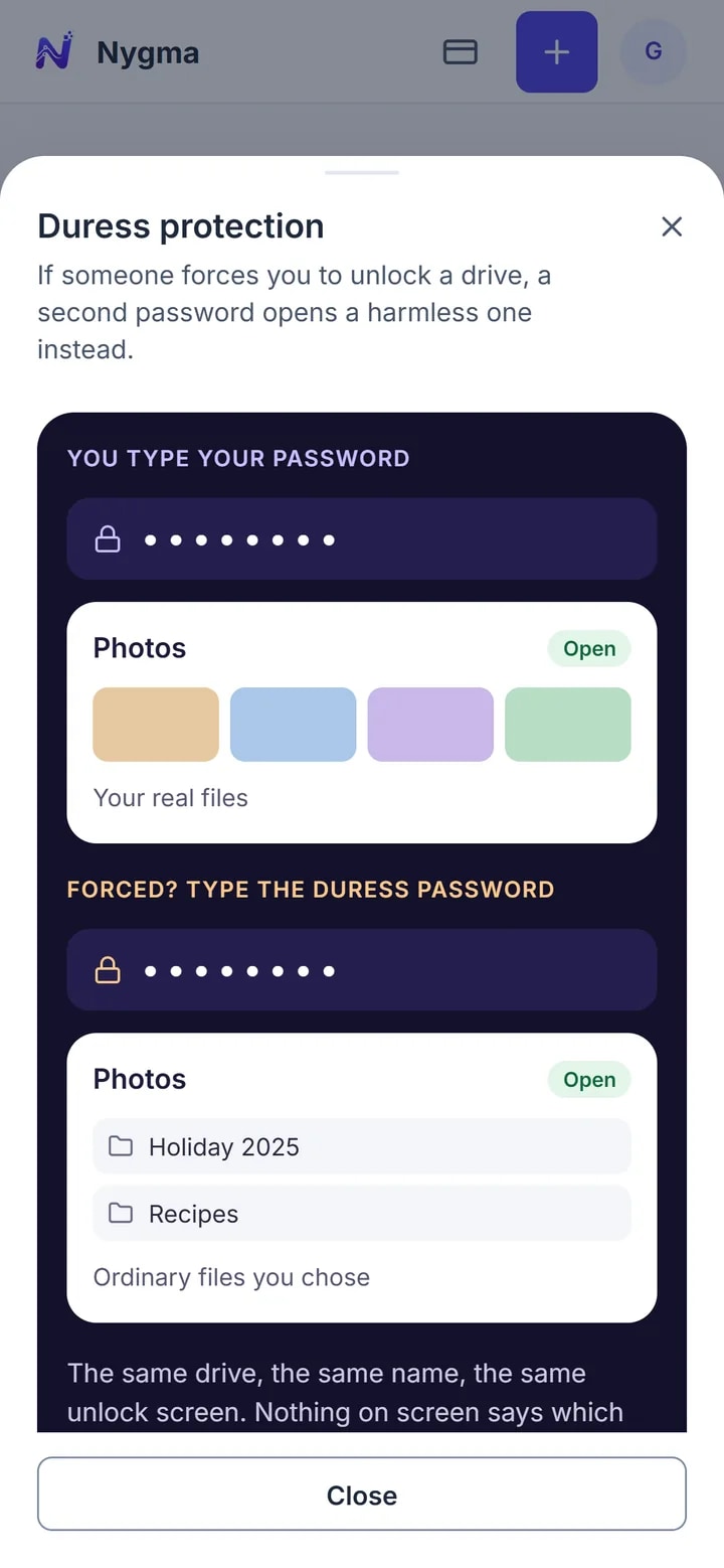 The explanation of duress protection inside the Nygma web app