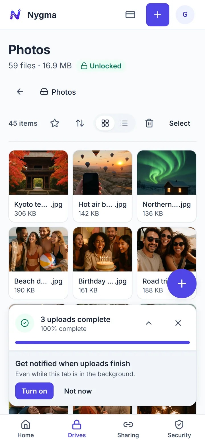 Adding photos to a Nygma drive: each is encrypted and uploaded, then appears in the grid