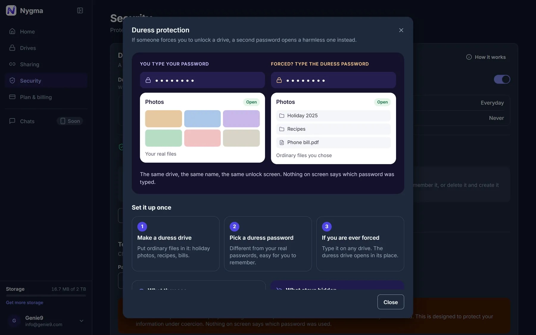 The explanation of duress protection inside the Nygma web app
