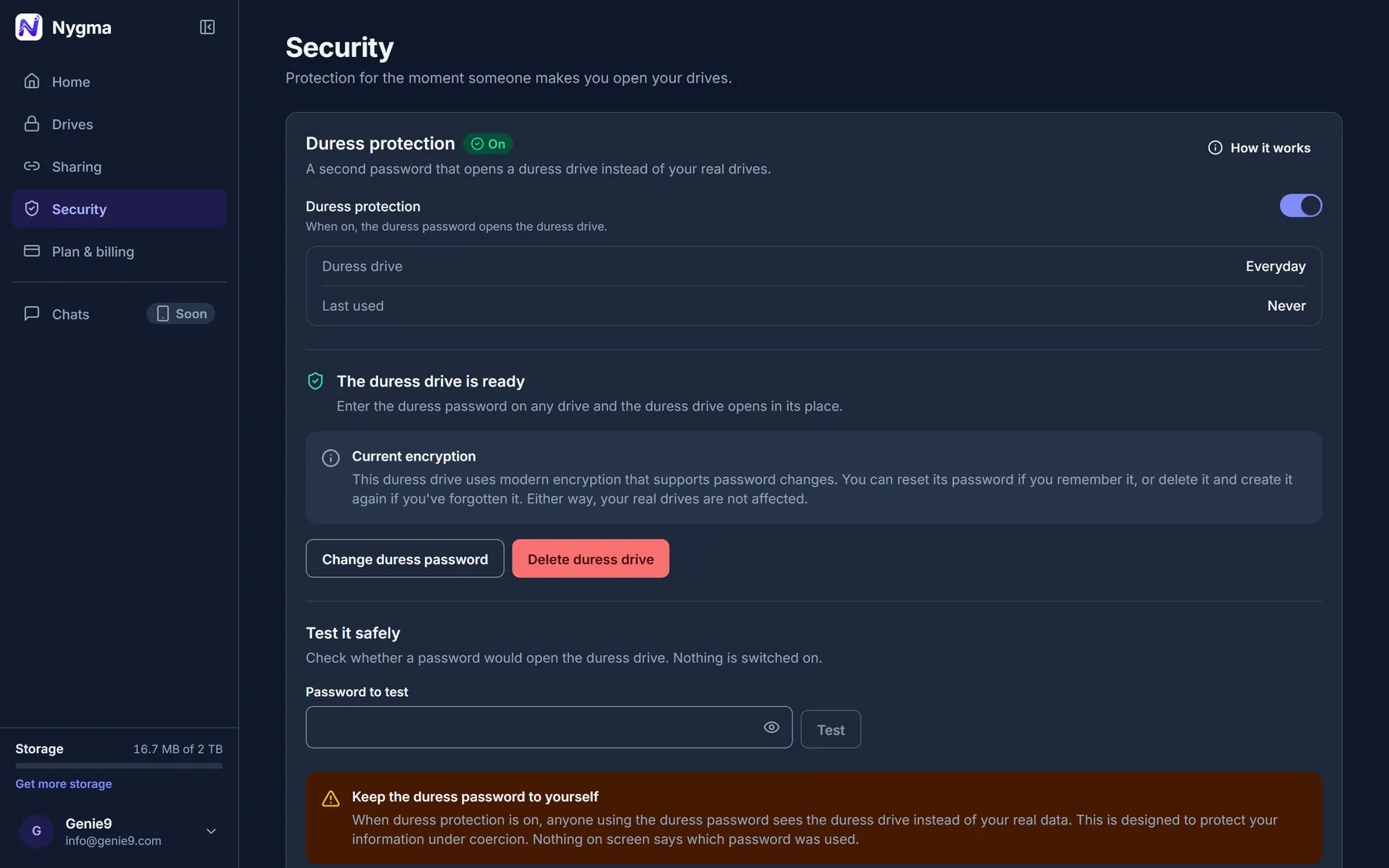 Nygma's Security page with Advanced protection on and the everyday drive ready