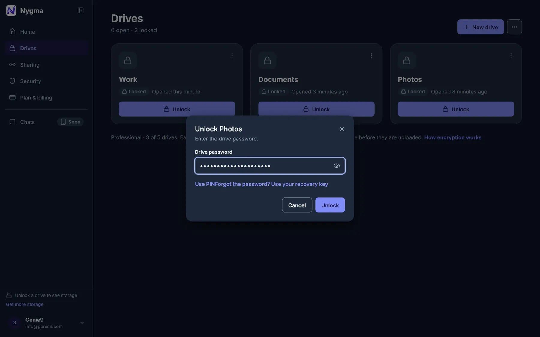 Nygma's unlock window asking for a drive password