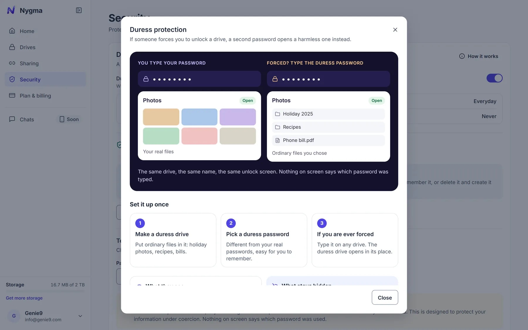 The explanation of duress protection inside the Nygma web app