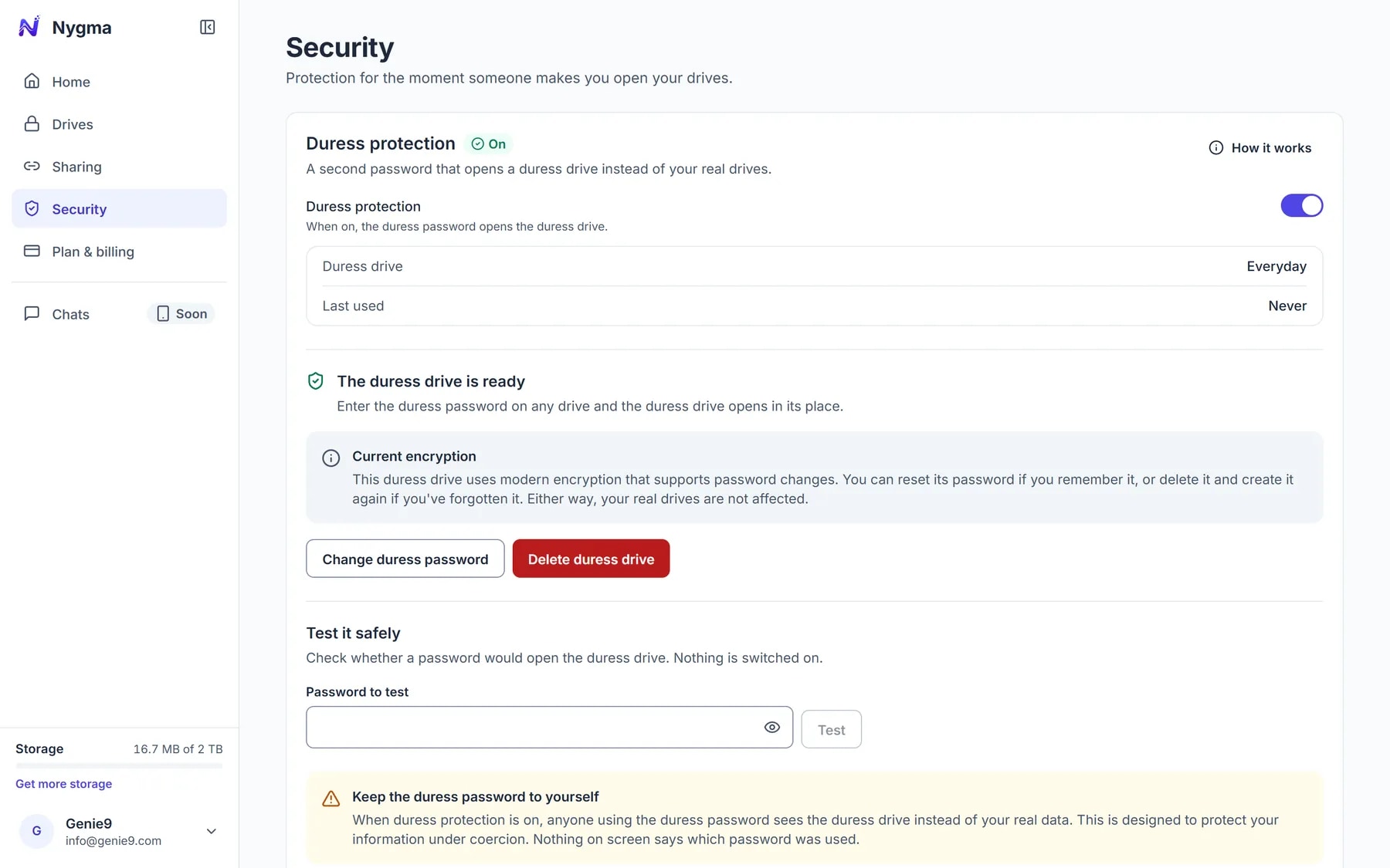 Nygma's Security page with Advanced protection on and the everyday drive ready