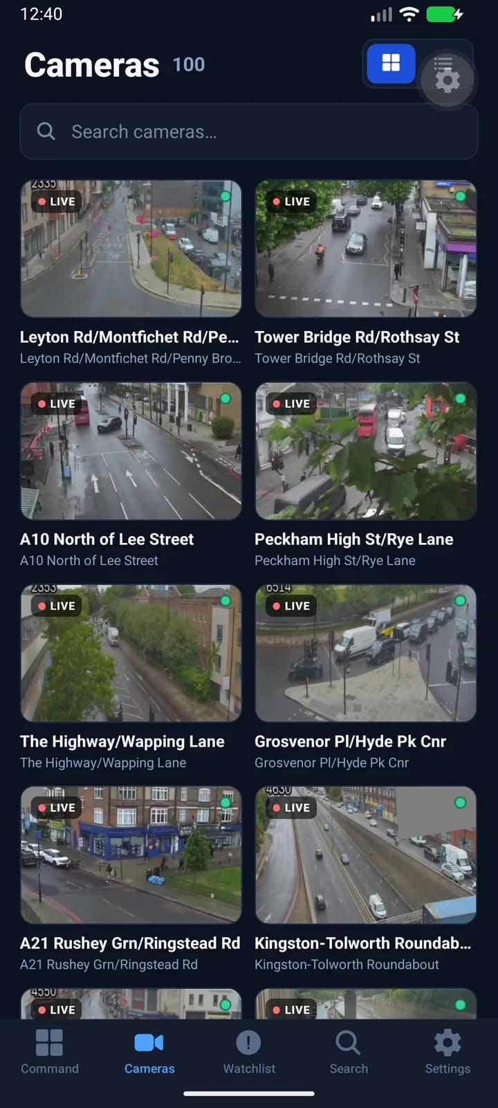 Sentinel mobile live camera grid