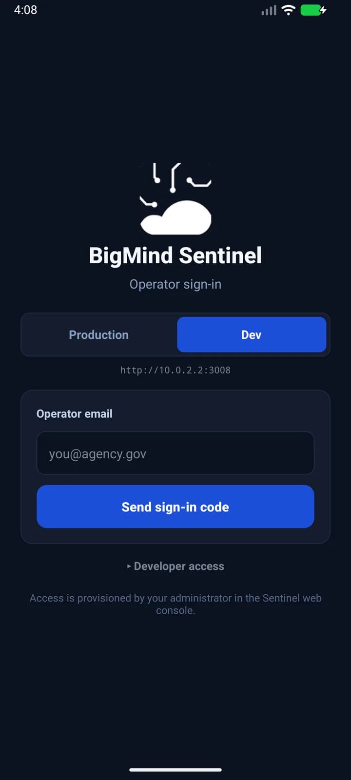 The secure operator sign-in screen in the Sentinel mobile app