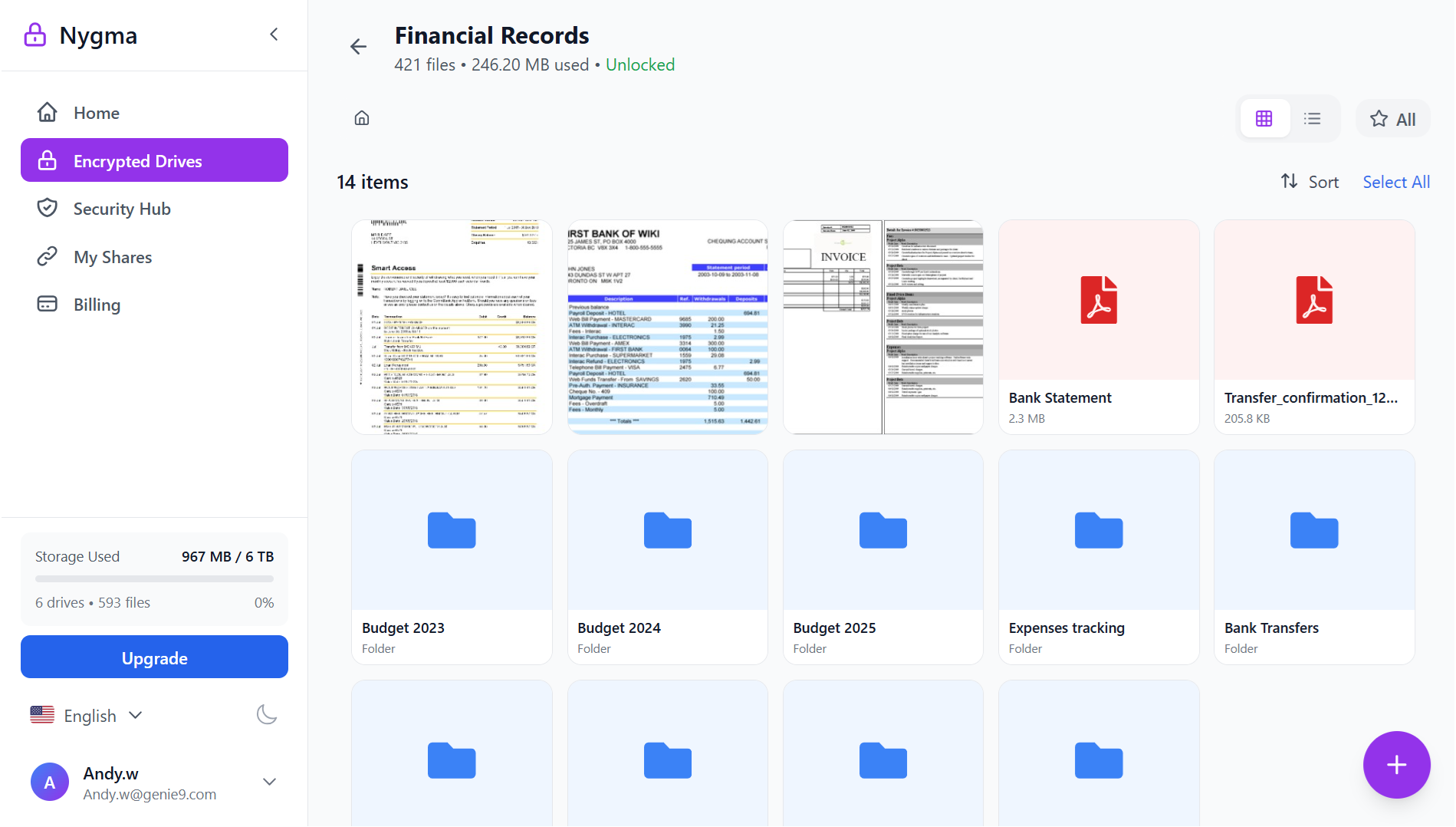 Nygma encrypted document storage - Financial Records
